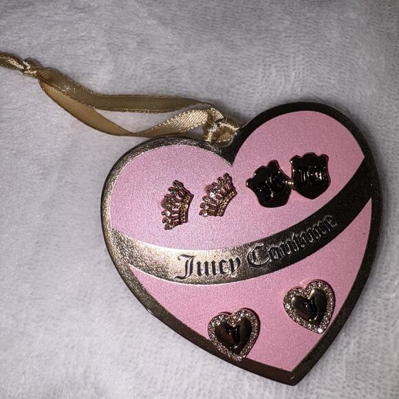 Juicy Couture Set Of 3 Earrings Crown & Hearts Gold Tone Studs NWT - Picture 2 of 4